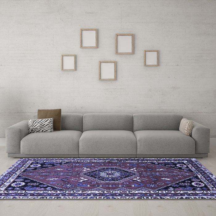 Machine Washable Medallion Blue Traditional Rug in a Living Room, wshtr3510blu