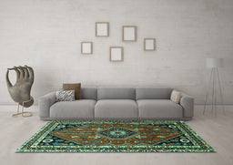 Machine Washable Medallion Turquoise Traditional Area Rugs in a Living Room,, wshtr3510turq