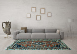 Machine Washable Medallion Light Blue Traditional Rug in a Living Room, wshtr3510lblu