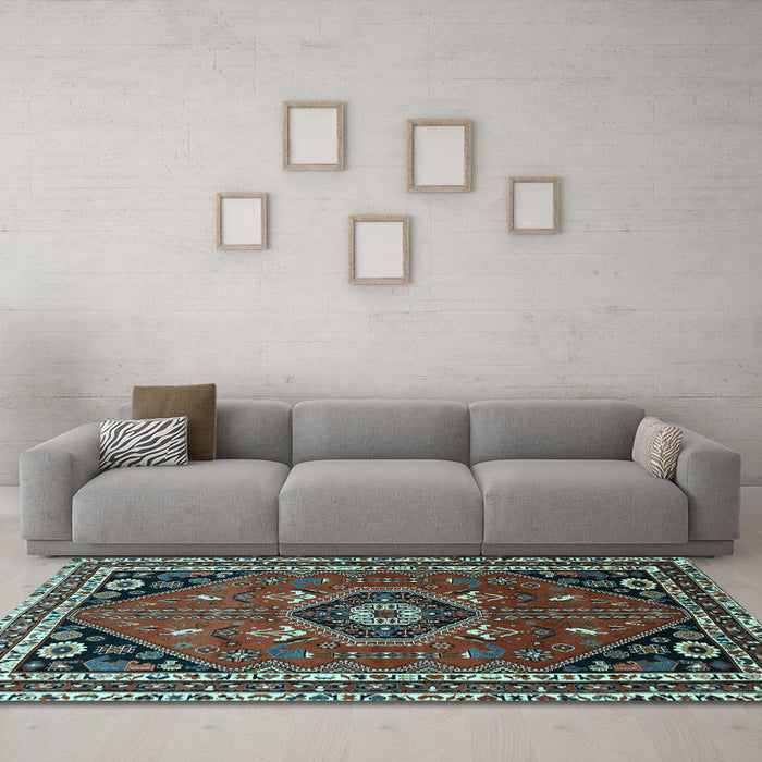 Machine Washable Medallion Light Blue Traditional Rug in a Living Room, wshtr3510lblu