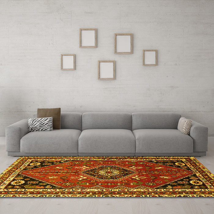 Machine Washable Medallion Yellow Traditional Rug in a Living Room, wshtr3510yw