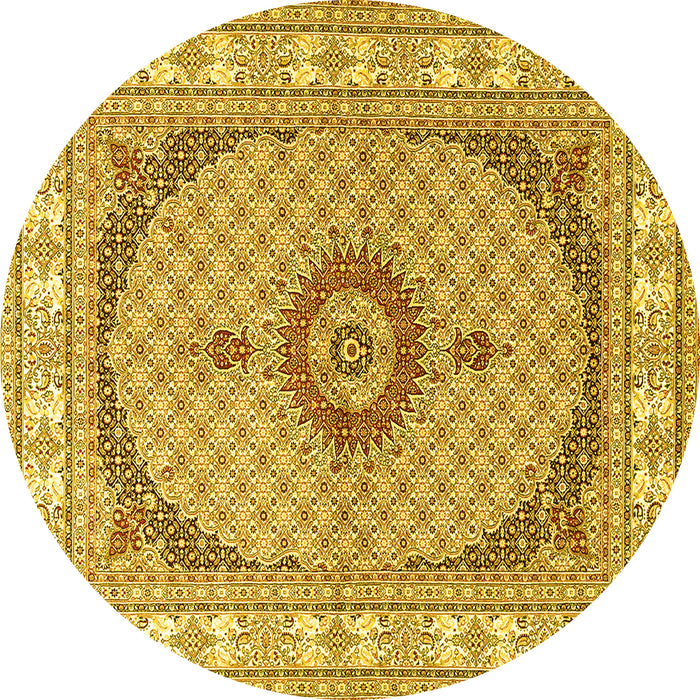 Round Machine Washable Medallion Yellow Traditional Rug, wshtr3511yw