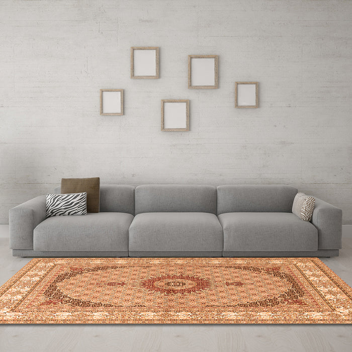 Machine Washable Medallion Orange Traditional Area Rugs in a Living Room, wshtr3511org