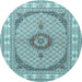 Round Machine Washable Medallion Light Blue Traditional Rug, wshtr3511lblu