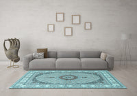 Machine Washable Medallion Light Blue Traditional Rug, wshtr3511lblu