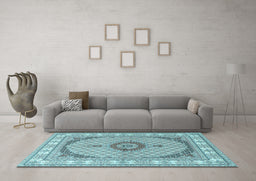 Machine Washable Medallion Light Blue Traditional Rug in a Living Room, wshtr3511lblu