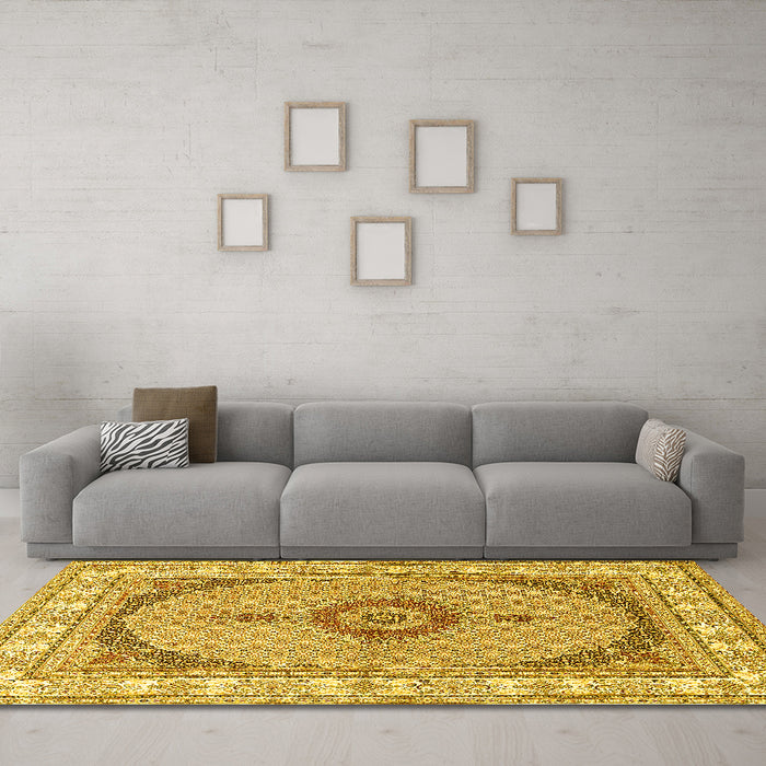 Machine Washable Medallion Yellow Traditional Rug in a Living Room, wshtr3511yw