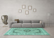 Machine Washable Medallion Turquoise Traditional Area Rugs in a Living Room,, wshtr3511turq