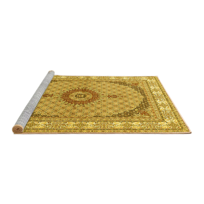 Sideview of Machine Washable Medallion Yellow Traditional Rug, wshtr3511yw