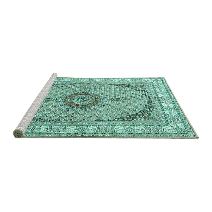 Sideview of Machine Washable Medallion Turquoise Traditional Area Rugs, wshtr3511turq