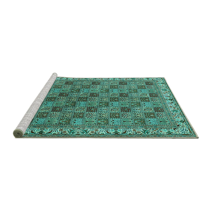 Sideview of Machine Washable Persian Turquoise Traditional Area Rugs, wshtr3512turq