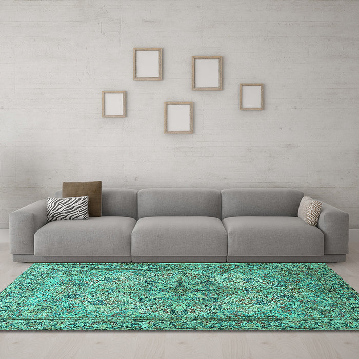 Machine Washable Animal Turquoise Traditional Area Rugs in a Living Room,, wshtr3514turq