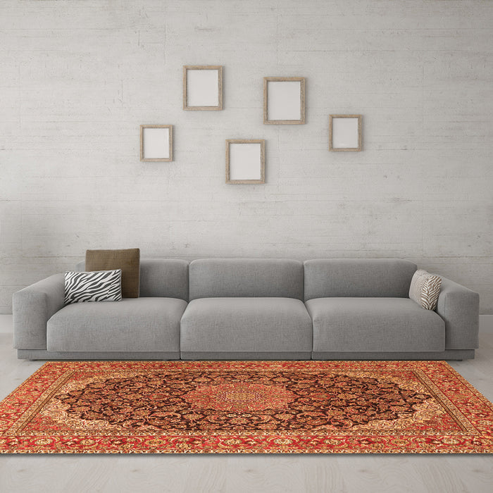 Machine Washable Medallion Orange Traditional Area Rugs in a Living Room, wshtr3515org