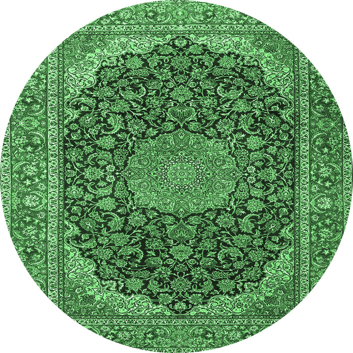 Round Machine Washable Medallion Emerald Green Traditional Area Rugs, wshtr3515emgrn