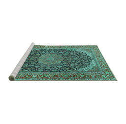 Sideview of Machine Washable Medallion Turquoise Traditional Area Rugs, wshtr3515turq