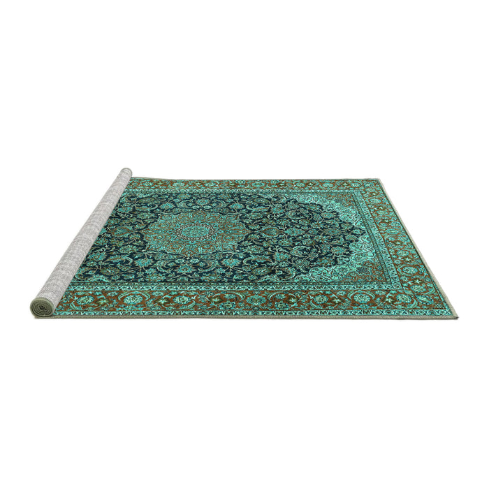 Sideview of Machine Washable Medallion Turquoise Traditional Area Rugs, wshtr3515turq