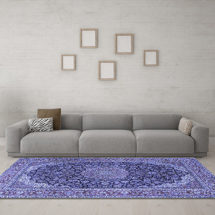 Machine Washable Medallion Blue Traditional Rug in a Living Room, wshtr3515blu