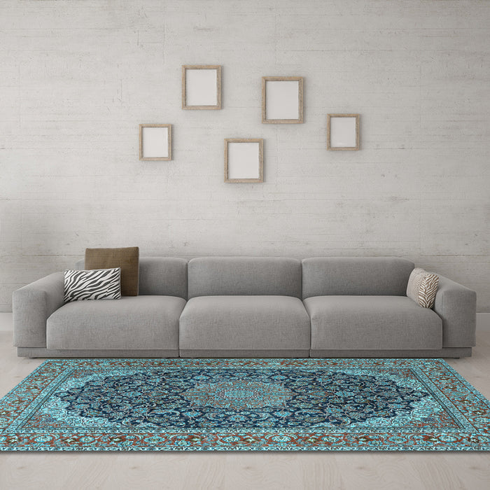 Machine Washable Medallion Light Blue Traditional Rug in a Living Room, wshtr3515lblu