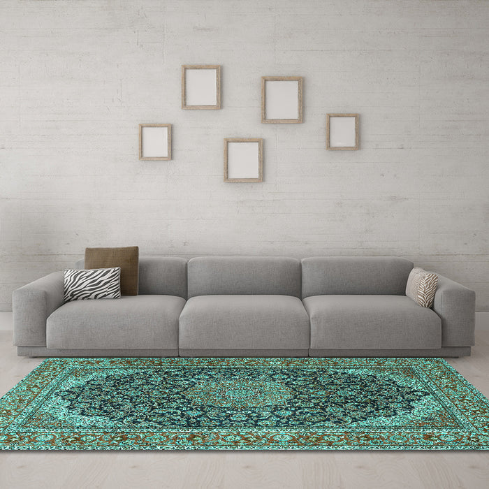 Machine Washable Medallion Turquoise Traditional Area Rugs in a Living Room,, wshtr3515turq