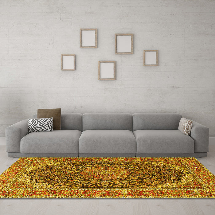 Machine Washable Medallion Yellow Traditional Rug in a Living Room, wshtr3515yw