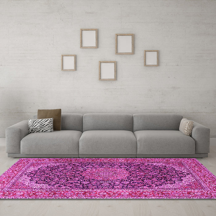 Machine Washable Medallion Pink Traditional Rug in a Living Room, wshtr3515pnk