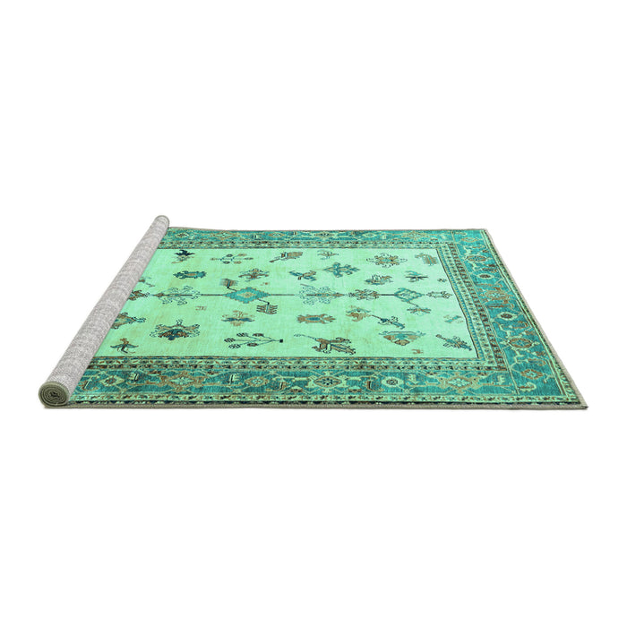Sideview of Machine Washable Persian Turquoise Traditional Area Rugs, wshtr3517turq