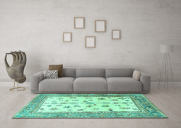 Machine Washable Persian Turquoise Traditional Area Rugs in a Living Room,, wshtr3517turq
