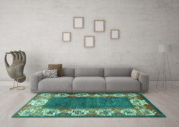 Machine Washable Persian Turquoise Traditional Area Rugs in a Living Room,, wshtr3518turq
