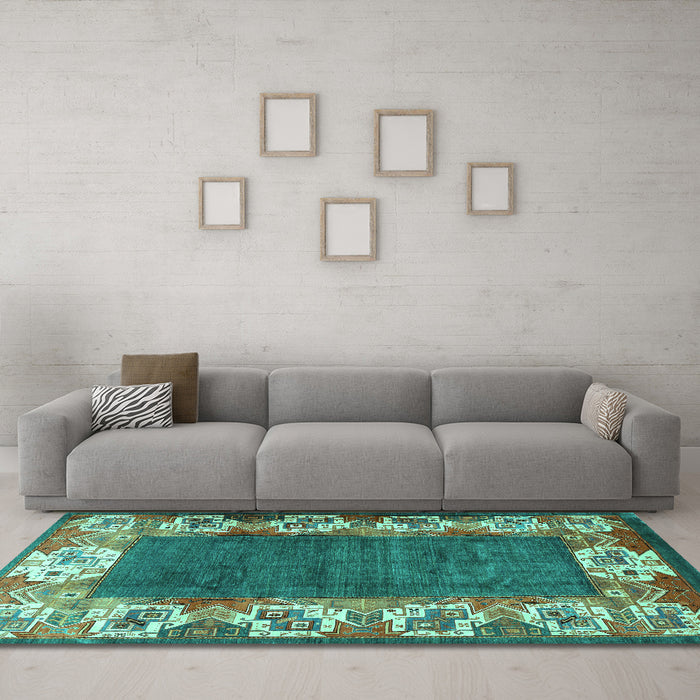 Machine Washable Persian Turquoise Traditional Area Rugs in a Living Room,, wshtr3518turq