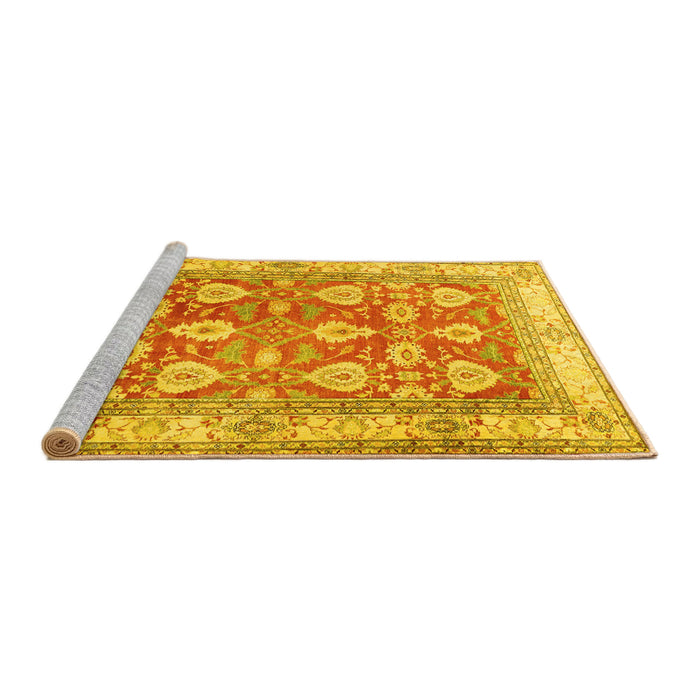 Sideview of Machine Washable Oriental Yellow Traditional Rug, wshtr3519yw