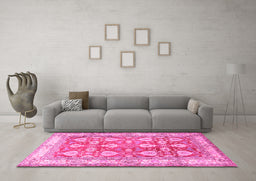 Machine Washable Oriental Pink Traditional Rug in a Living Room, wshtr3519pnk