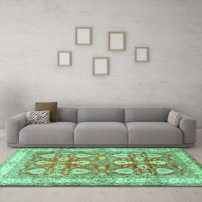 Machine Washable Oriental Turquoise Traditional Area Rugs in a Living Room,, wshtr3519turq