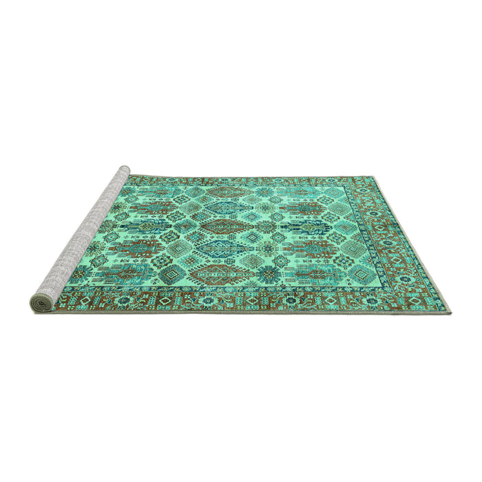Sideview of Machine Washable Persian Turquoise Traditional Area Rugs, wshtr351turq