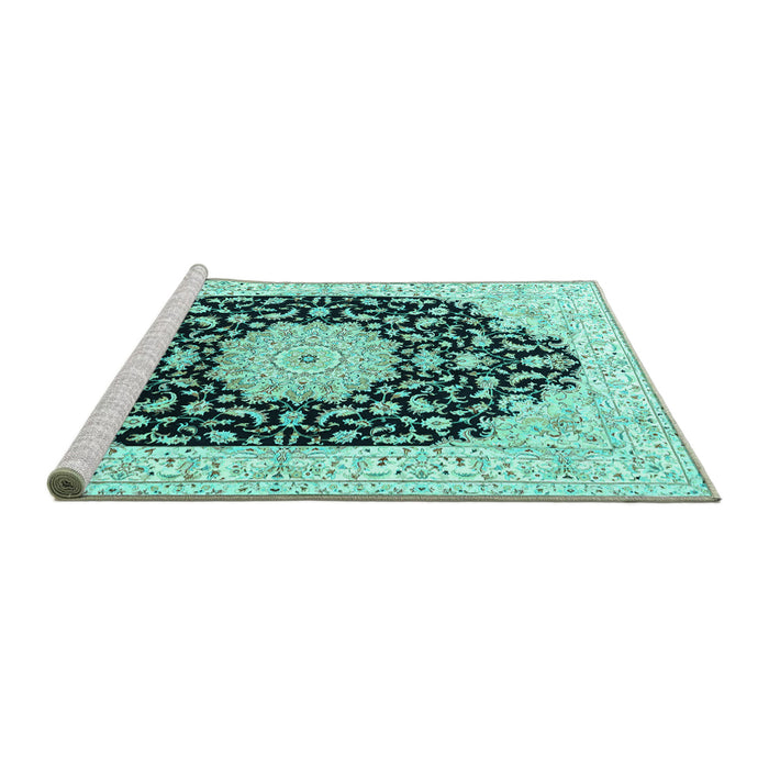 Sideview of Machine Washable Persian Turquoise Traditional Area Rugs, wshtr3520turq