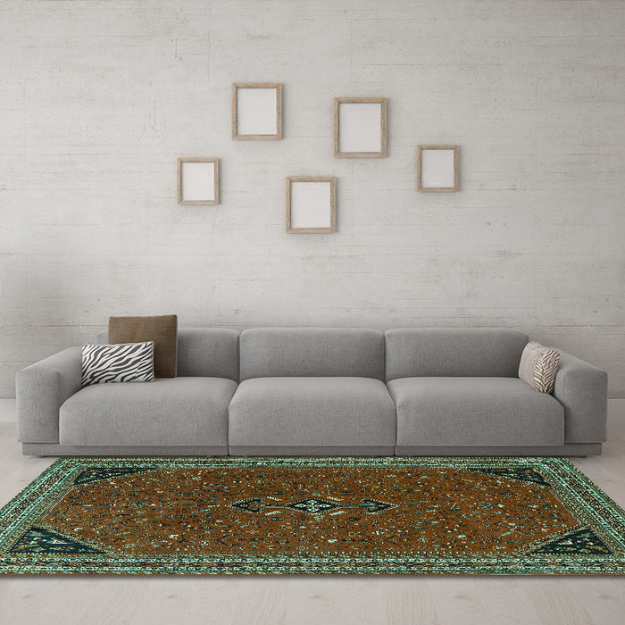 Machine Washable Persian Turquoise Traditional Area Rugs in a Living Room,, wshtr3521turq