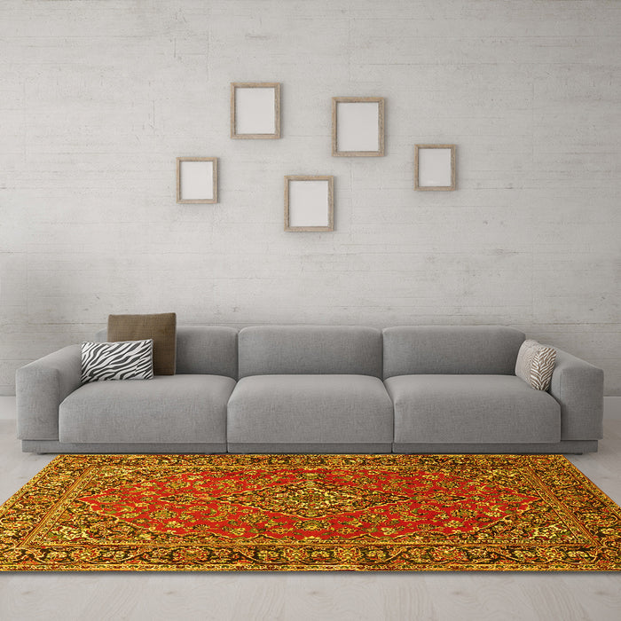 Machine Washable Persian Yellow Traditional Rug in a Living Room, wshtr3522yw