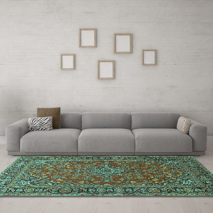 Machine Washable Persian Turquoise Traditional Area Rugs in a Living Room,, wshtr3522turq