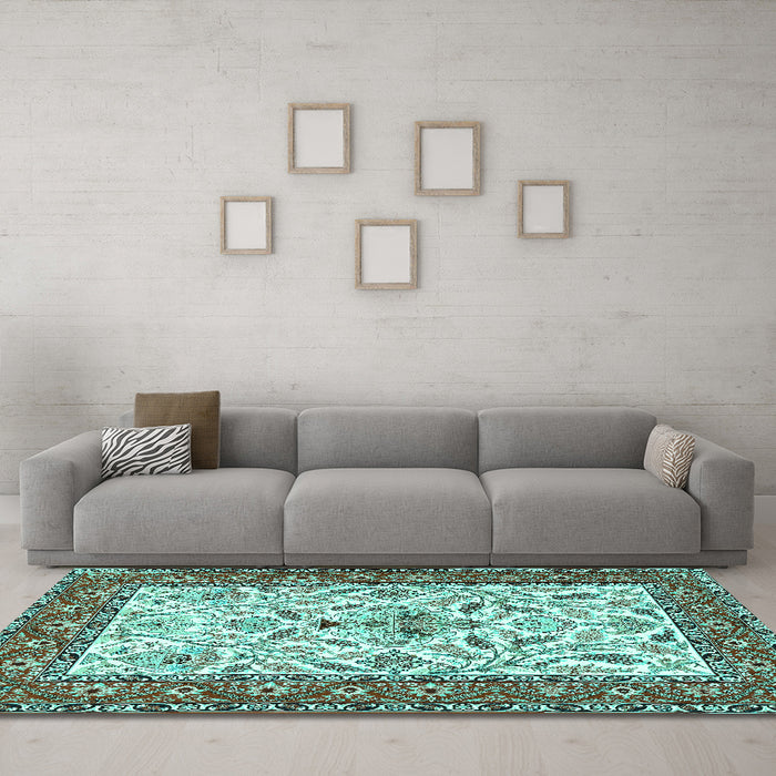 Machine Washable Animal Turquoise Traditional Area Rugs in a Living Room,, wshtr3524turq