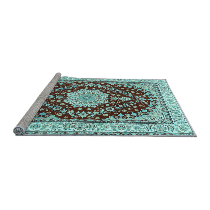 Sideview of Machine Washable Medallion Light Blue Traditional Rug, wshtr3525lblu