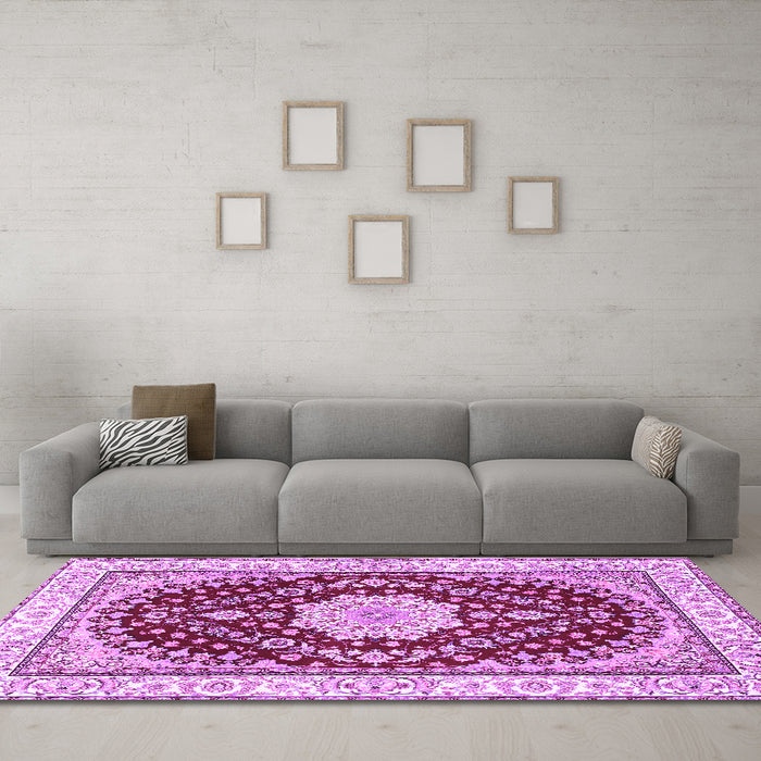 Machine Washable Medallion Purple Traditional Area Rugs in a Living Room, wshtr3525pur