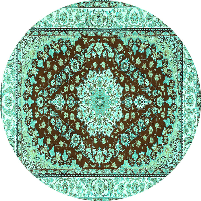 Round Machine Washable Medallion Turquoise Traditional Area Rugs, wshtr3525turq
