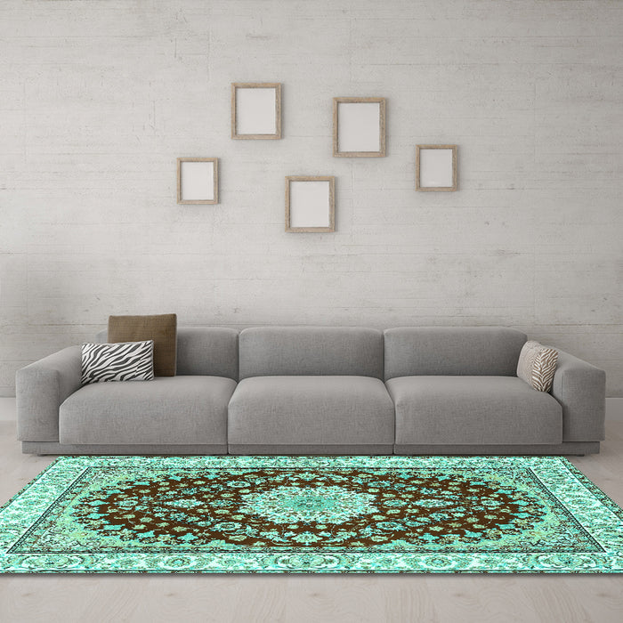 Machine Washable Medallion Turquoise Traditional Area Rugs in a Living Room,, wshtr3525turq