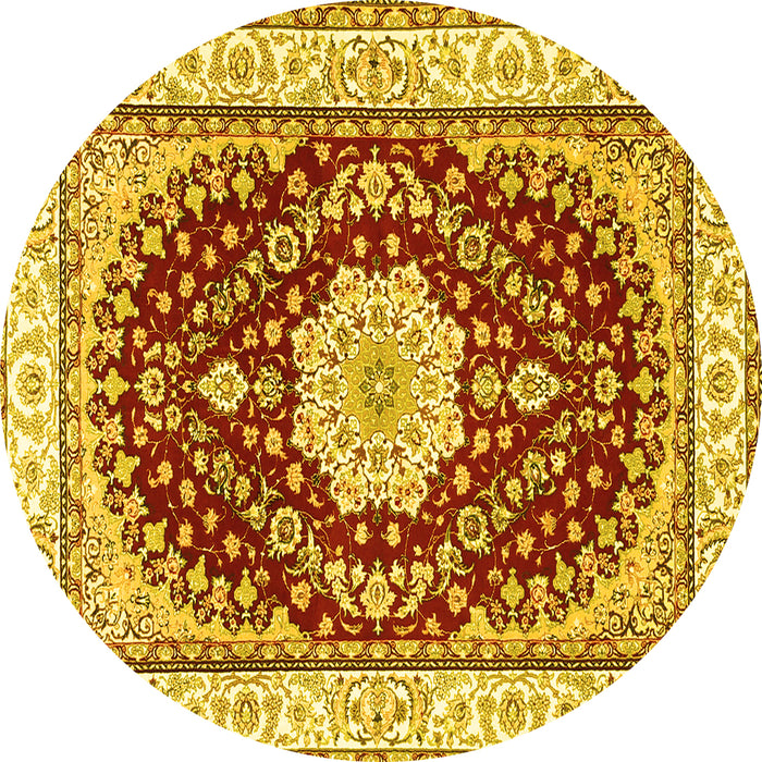 Round Machine Washable Medallion Yellow Traditional Rug, wshtr3525yw