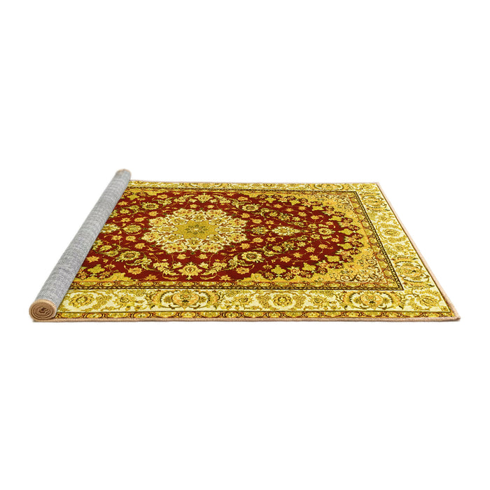 Sideview of Machine Washable Medallion Yellow Traditional Rug, wshtr3525yw
