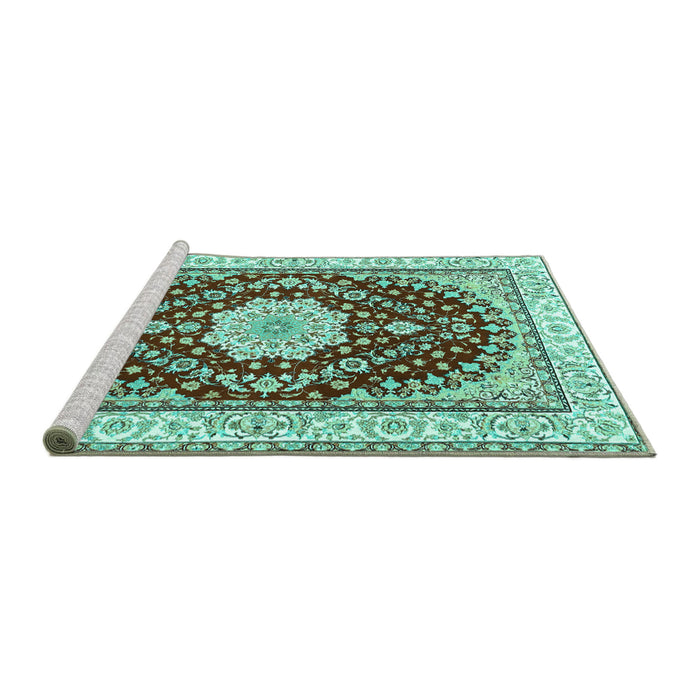 Sideview of Machine Washable Medallion Turquoise Traditional Area Rugs, wshtr3525turq