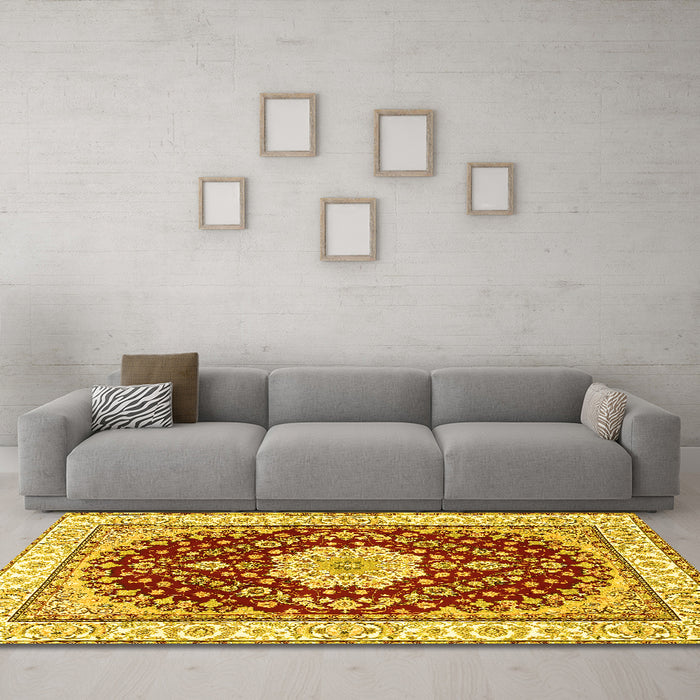 Machine Washable Medallion Yellow Traditional Rug in a Living Room, wshtr3525yw