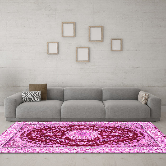 Machine Washable Medallion Pink Traditional Rug in a Living Room, wshtr3525pnk