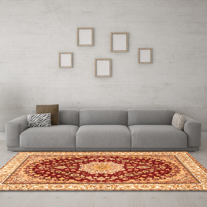 Machine Washable Medallion Orange Traditional Area Rugs in a Living Room, wshtr3525org