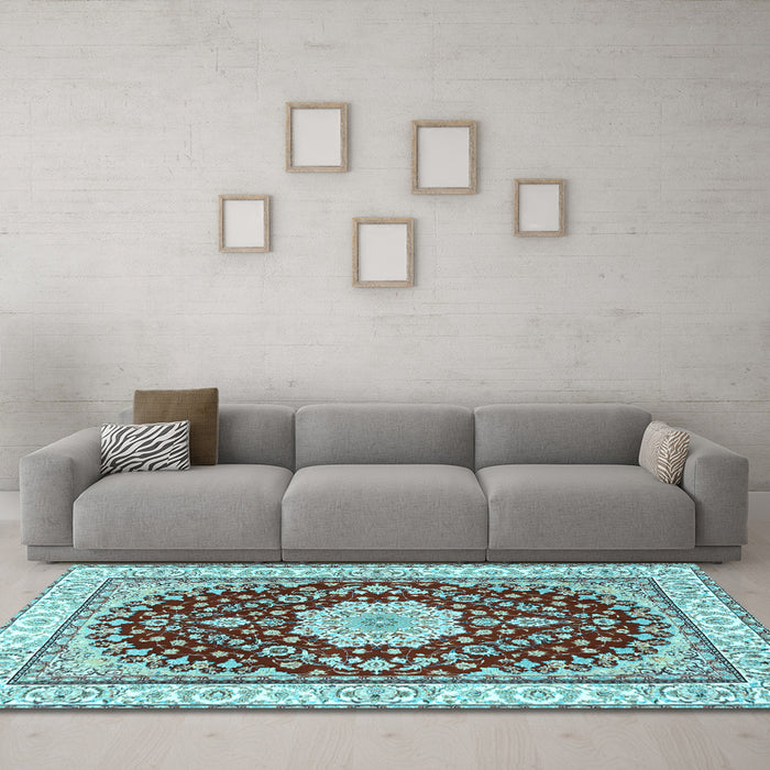 Machine Washable Medallion Light Blue Traditional Rug in a Living Room, wshtr3525lblu