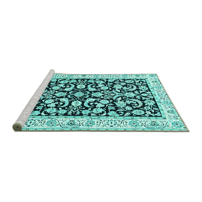 Sideview of Machine Washable Persian Turquoise Traditional Area Rugs, wshtr3526turq